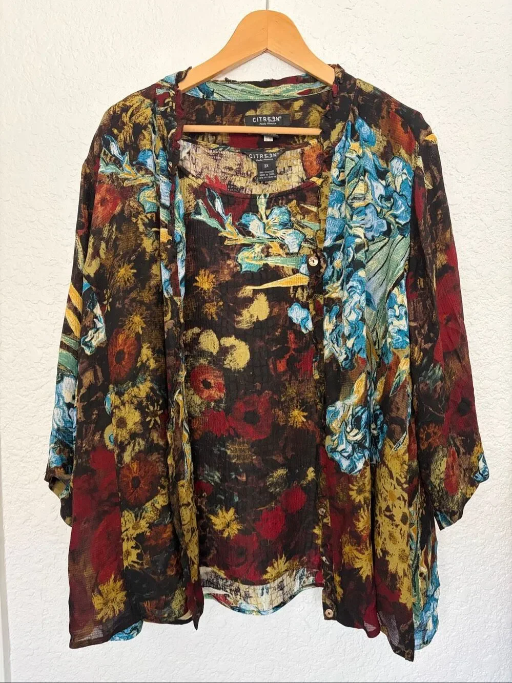 Citron Santa Monica 100% Silk Floral Two-Piece Tunic Jacket & Shell Set 3X